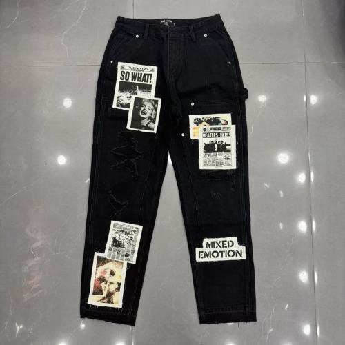 Mixed Emotion Washed Photo Collage Patch Print Ripped Distressed Raw Hem Straight Jeans 2 colors 29463141