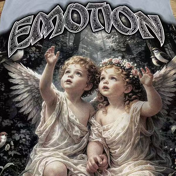Mixed Emotion Front Two Angel Forest Graphic Hotfix Rhinestone Gothic Letter T-shirt 2 colors 29463377