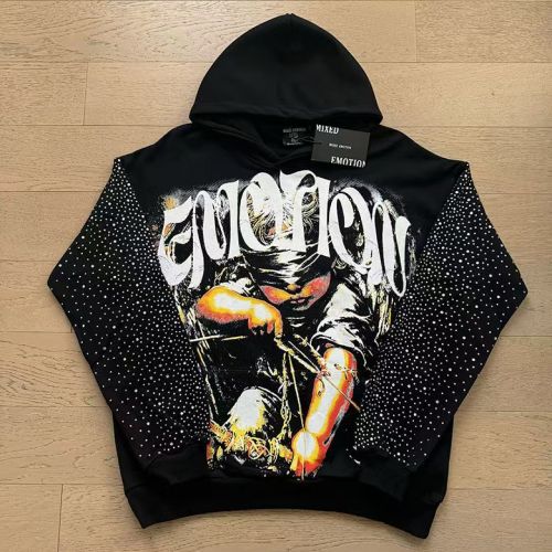 Mixed Emotion Front Blindfold Archer Angel Letter Print Full Sleeve Rhinestone Hoodie 29463397
