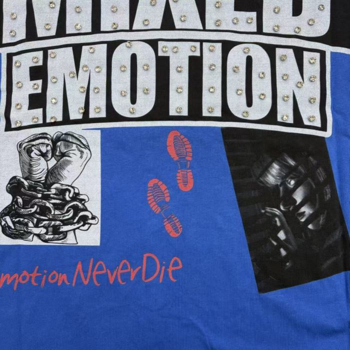 Mixed Emotion Rhinestone Big Letter Black White Photo Red Doodle Slogan Print T-shirt 29463105