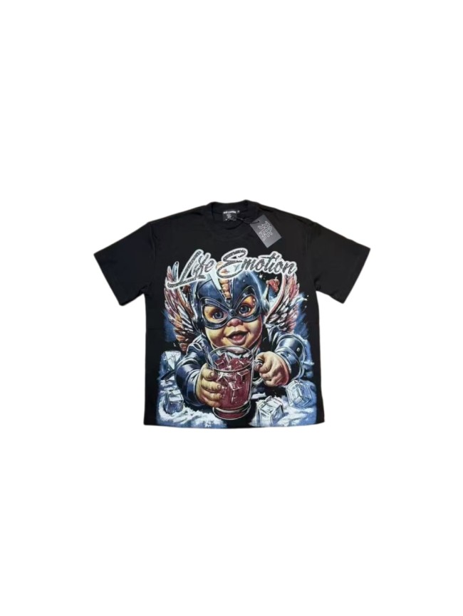 Mixed Emotion Winged Baby Angel Helmet Iced Cup Rhinestone Cursive Letter Print T-shirt 29463389