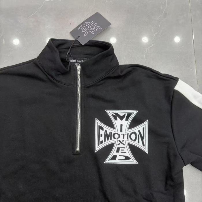 Mixed Emotion Black White Side Stripe Cross Letter Print Half Zip Sweatshirt & Pants Set 29463123