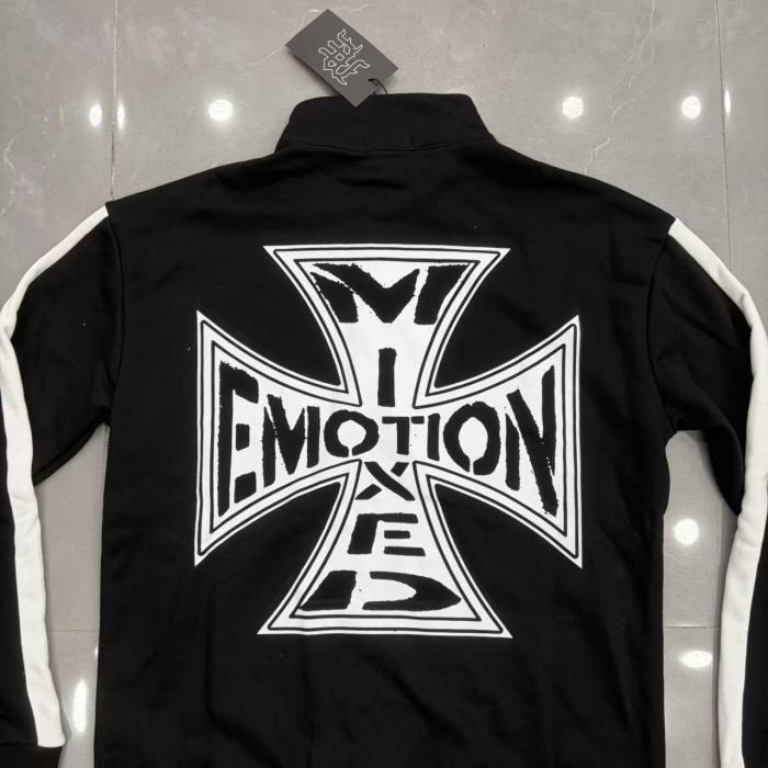Mixed Emotion Black White Side Stripe Cross Letter Print Half Zip Sweatshirt & Pants Set 29463123