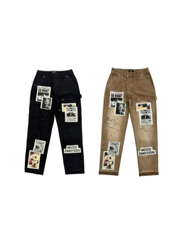 Mixed Emotion Washed Photo Collage Patch Print Ripped Distressed Raw Hem Straight Jeans 2 colors 29463141