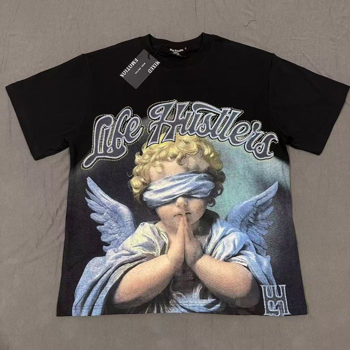 Mixed Emotion Front Blindfold Praying Angel Oil Painting Print Rhinestone Script Letter T-shirt 29463365