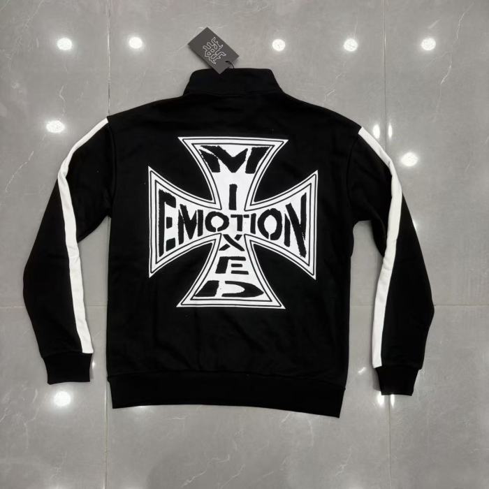 Mixed Emotion Black White Side Stripe Cross Letter Print Half Zip Sweatshirt & Pants Set 29463123