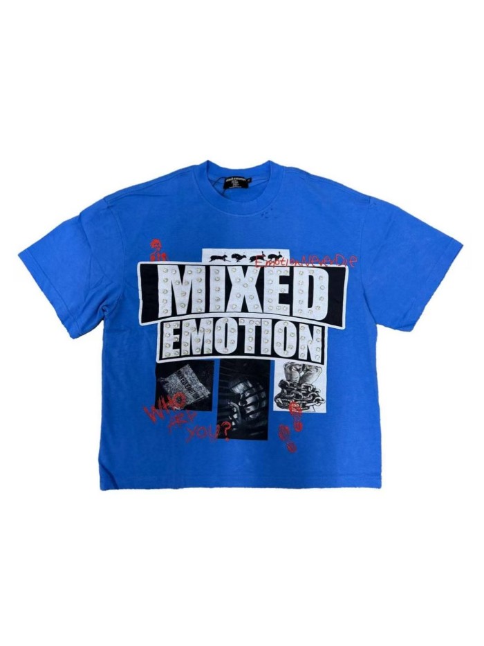 Mixed Emotion Rhinestone Big Letter Black White Photo Red Doodle Slogan Print T-shirt 29463105