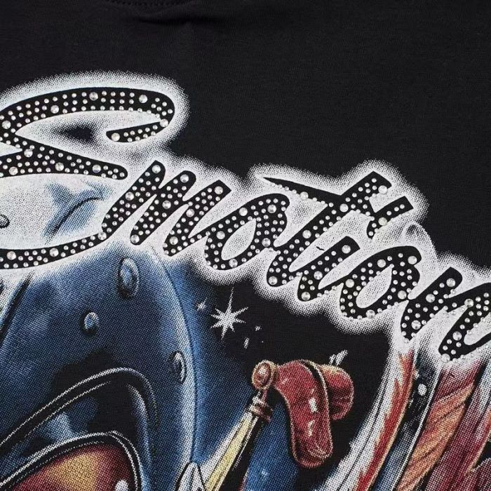Mixed Emotion Winged Baby Angel Helmet Iced Cup Rhinestone Cursive Letter Print T-shirt 29463389