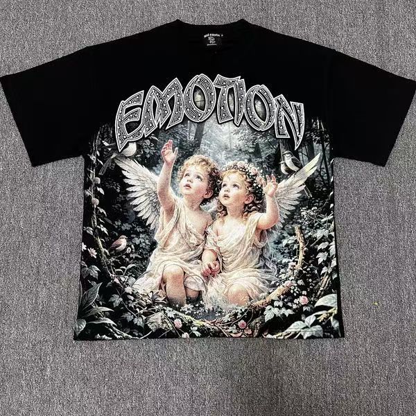 Mixed Emotion Front Two Angel Forest Graphic Hotfix Rhinestone Gothic Letter T-shirt 2 colors 29463377