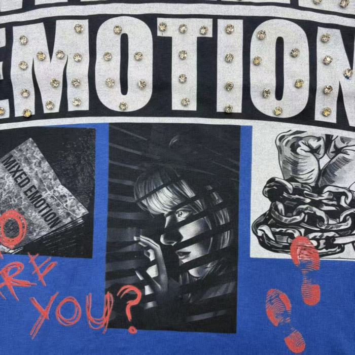 Mixed Emotion Rhinestone Big Letter Black White Photo Red Doodle Slogan Print T-shirt 29463105