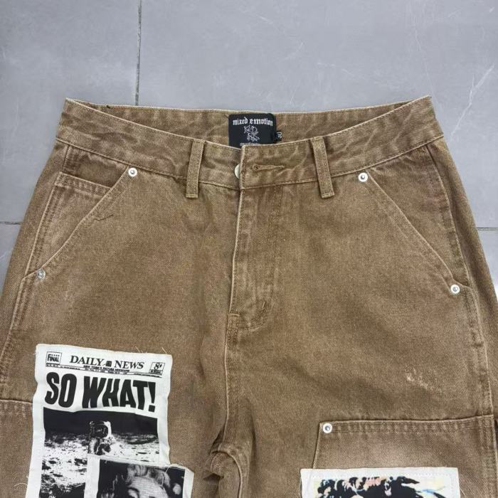 Mixed Emotion Washed Photo Collage Patch Print Ripped Distressed Raw Hem Straight Jeans 2 colors 29463141