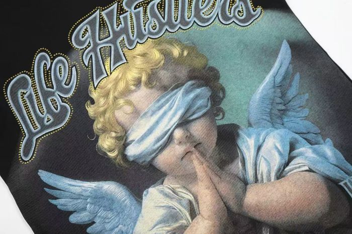 Mixed Emotion Front Blindfold Praying Angel Oil Painting Print Rhinestone Script Letter T-shirt 29463365