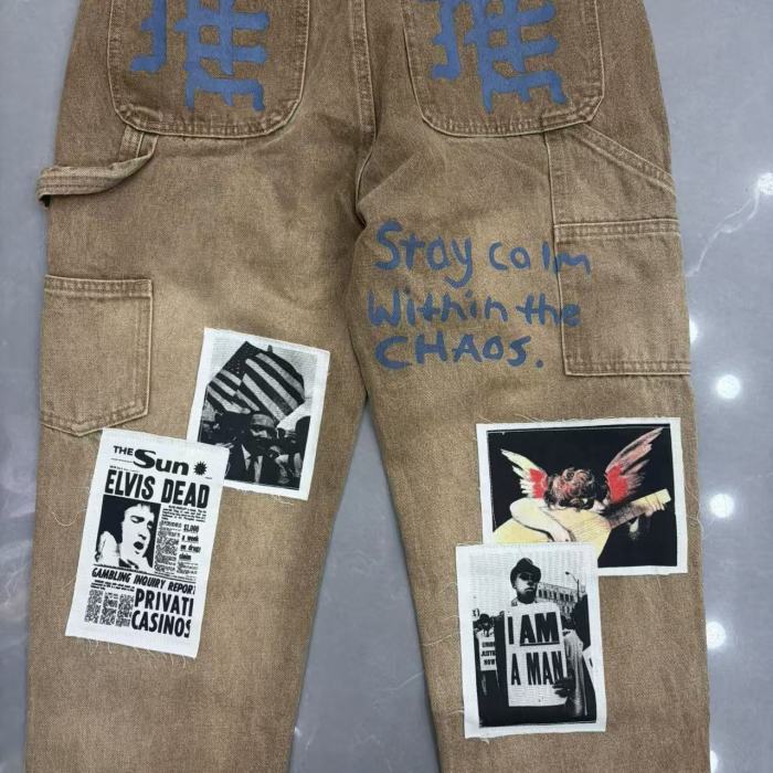Mixed Emotion Washed Photo Collage Patch Print Ripped Distressed Raw Hem Straight Jeans 2 colors 29463141