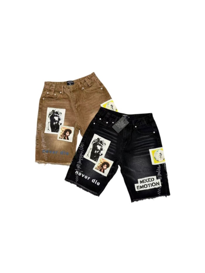 Mixed Emotion Washed Photo Patch Print Side Zigzag Stitch Frayed Denim Shorts 2 colors 29463129