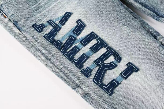 Amiri 1:1 quality version Washed Vertical Logo Patch Embroidery Frayed Ripped Skinny Denim Jeans 29465213