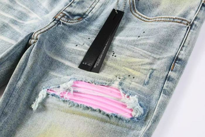 Amiri 1:1 quality version Wash Dirty Mud Pink Biker Stripe Patch Frayed Ripped Skinny Denim Jeans 29465220