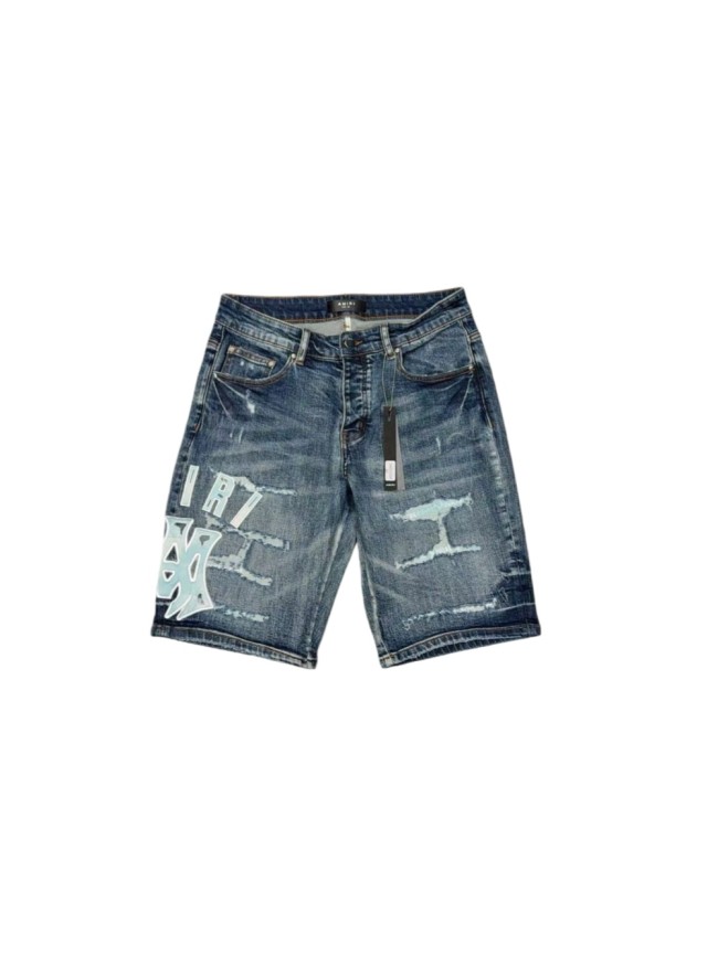 Amiri 1:1 quality version Washed Ice Blue Logo Patch Embroidery Scratch Straight Leg Denim Shorts 29465226
