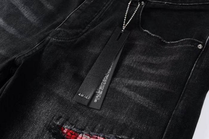 Amiri 1:1 quality version Vintage Washed Red Plaid Patch Frayed Ripped Skinny Denim Jeans 29465198