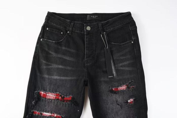 Amiri 1:1 quality version Vintage Washed Red Plaid Patch Frayed Ripped Skinny Denim Jeans 29465198