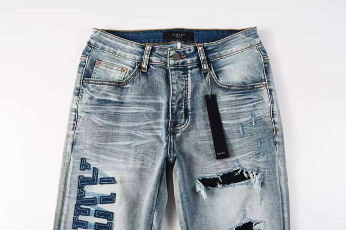 Amiri 1:1 quality version Washed Vertical Logo Patch Embroidery Frayed Ripped Skinny Denim Jeans 29465213