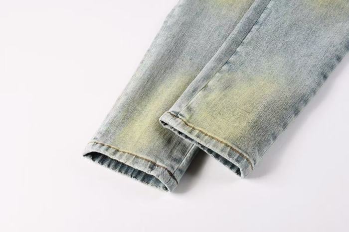 Amiri 1:1 quality version Wash Dirty Mud Pink Biker Stripe Patch Frayed Ripped Skinny Denim Jeans 29465220