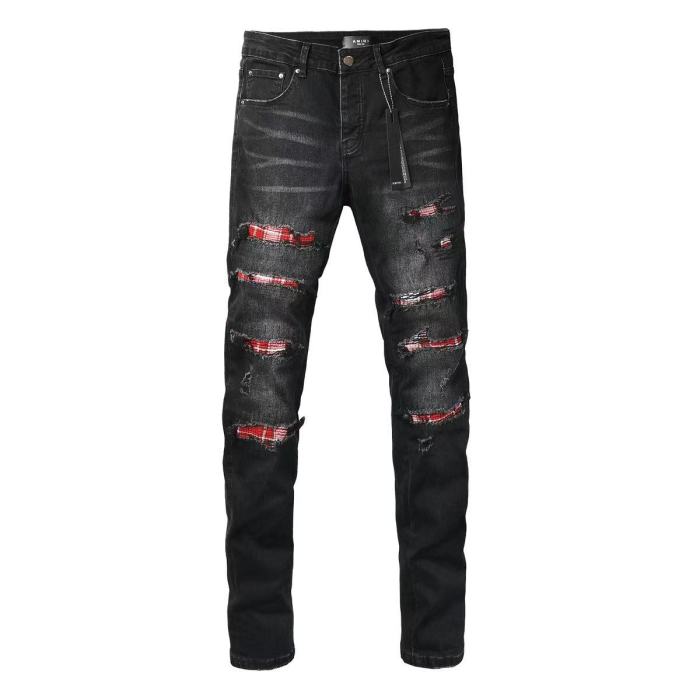 Amiri 1:1 quality version Vintage Washed Red Plaid Patch Frayed Ripped Skinny Denim Jeans 29465198