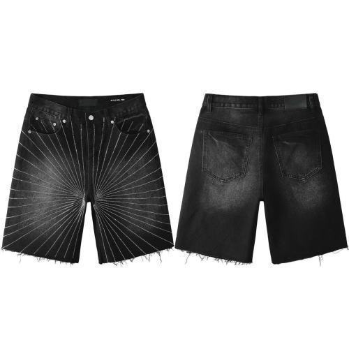 Purple Brand 1:1 quality version Radial Sunburst Rhinestone Line Print Frayed Denim Shorts 29465304