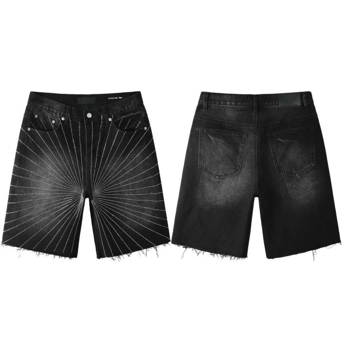 Purple Brand 1:1 quality version Radial Sunburst Rhinestone Line Print Frayed Denim Shorts 29465304