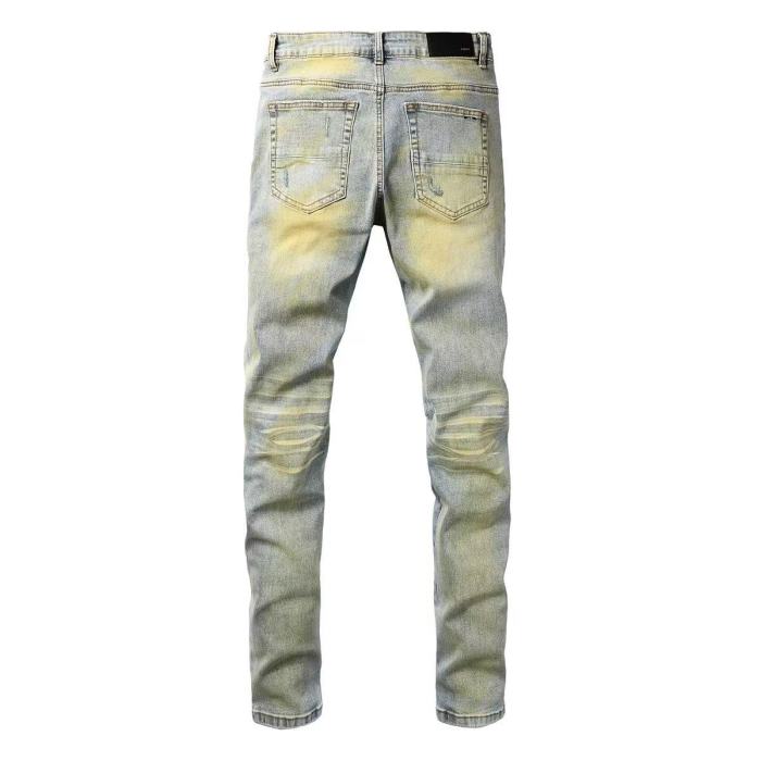 Amiri 1:1 quality version Wash Dirty Mud Pink Biker Stripe Patch Frayed Ripped Skinny Denim Jeans 29465220