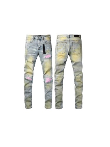 Amiri 1:1 quality version Wash Dirty Mud Pink Biker Stripe Patch Frayed Ripped Skinny Denim Jeans 29465220