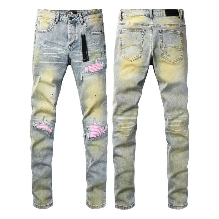 Amiri 1:1 quality version Wash Dirty Mud Pink Biker Stripe Patch Frayed Ripped Skinny Denim Jeans 29465220