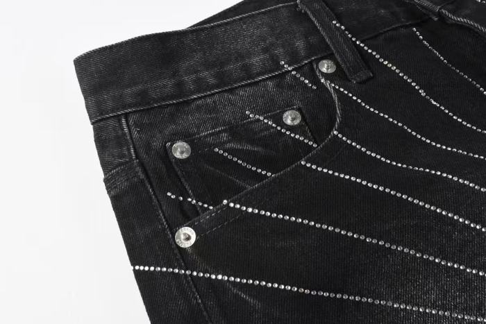 Purple Brand 1:1 quality version Radial Sunburst Rhinestone Line Print Frayed Denim Shorts 29465304