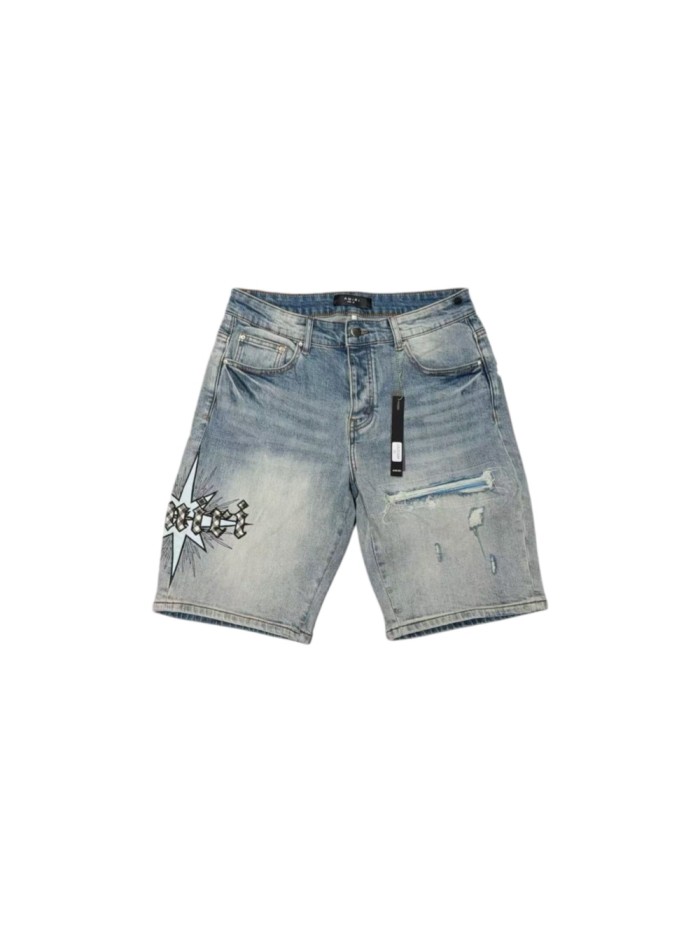 Amiri 1:1 quality version Washed Plaid Letter Starburst Patch Embroidery Ripped Denim Shorts 29465229