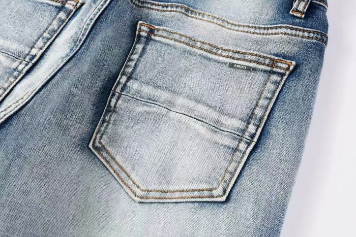 Amiri 1:1 quality version Washed Vertical Logo Patch Embroidery Frayed Ripped Skinny Denim Jeans 29465213