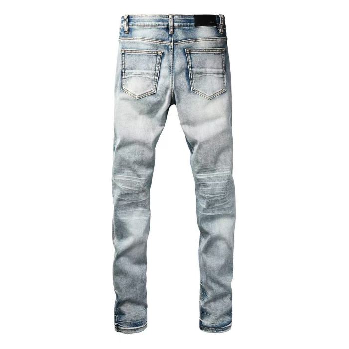 Amiri 1:1 quality version Washed Vertical Logo Patch Embroidery Frayed Ripped Skinny Denim Jeans 29465213