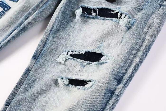 Amiri 1:1 quality version Washed Vertical Logo Patch Embroidery Frayed Ripped Skinny Denim Jeans 29465213