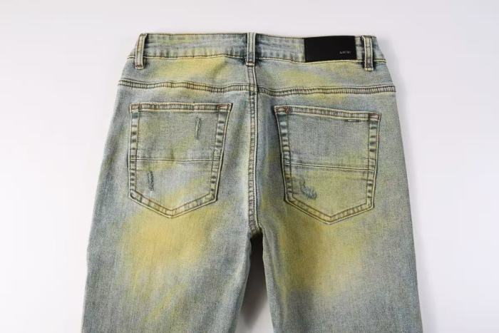 Amiri 1:1 quality version Wash Dirty Mud Pink Biker Stripe Patch Frayed Ripped Skinny Denim Jeans 29465220