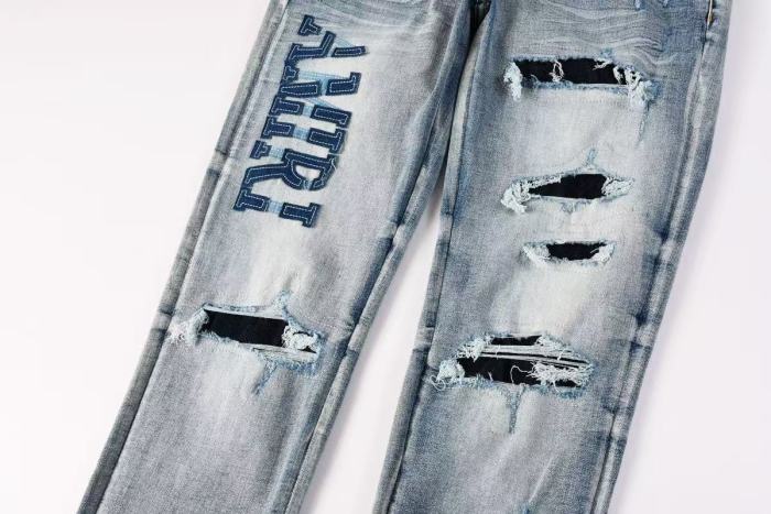 Amiri 1:1 quality version Washed Vertical Logo Patch Embroidery Frayed Ripped Skinny Denim Jeans 29465213