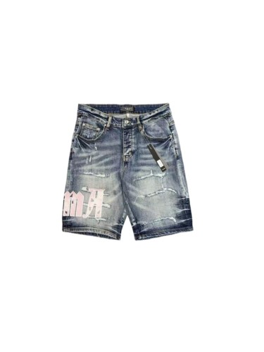 Amiri 1:1 quality version Washed Pink Gradient Logo Patch Embroidery Scratch Distressed Frayed Denim Shorts 29465230