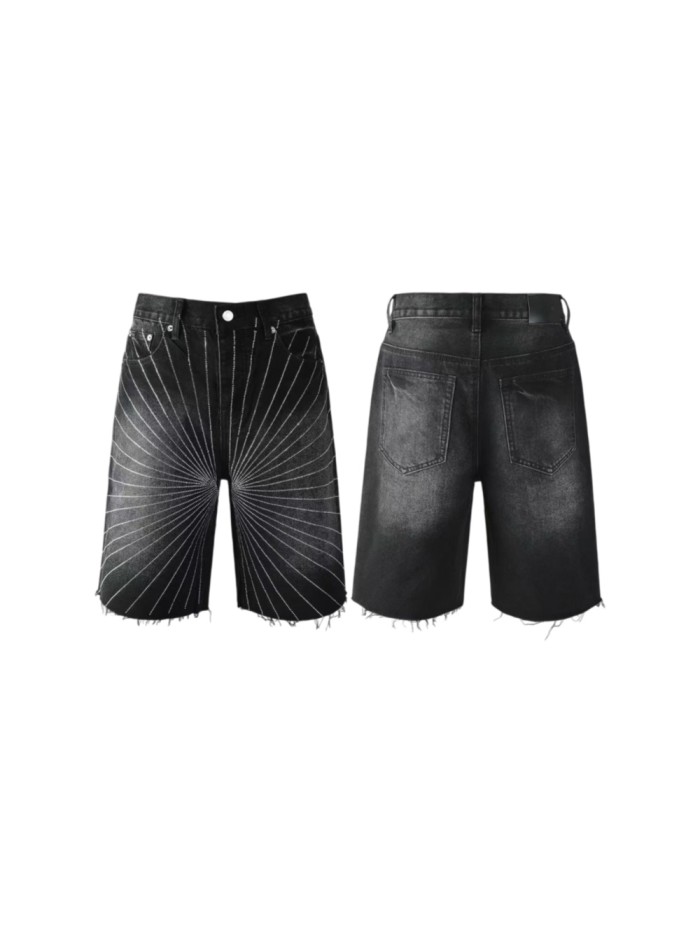 Purple Brand 1:1 quality version Radial Sunburst Rhinestone Line Print Frayed Denim Shorts 29465304