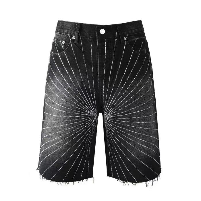 Purple Brand 1:1 quality version Radial Sunburst Rhinestone Line Print Frayed Denim Shorts 29465304