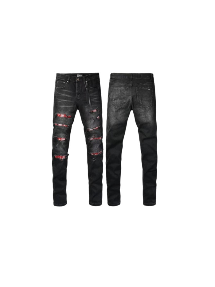 Amiri 1:1 quality version Vintage Washed Red Plaid Patch Frayed Ripped Skinny Denim Jeans 29465198
