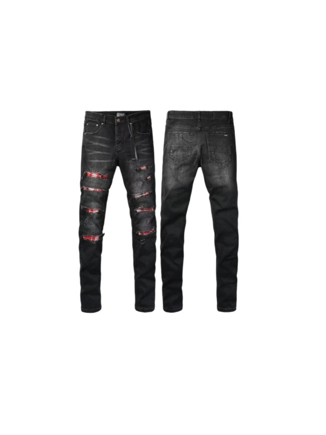 Amiri 1:1 quality version Vintage Washed Red Plaid Patch Frayed Ripped Skinny Denim Jeans 29465198