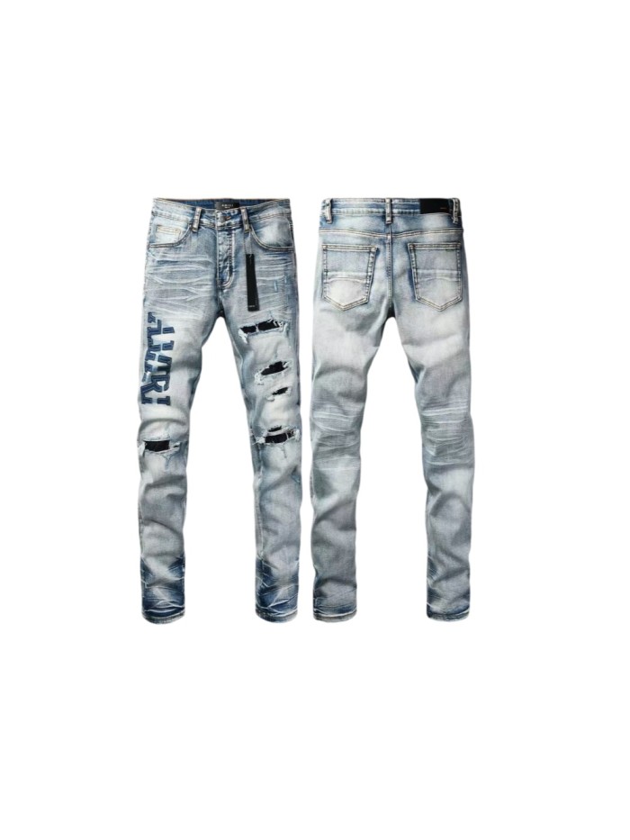Amiri 1:1 quality version Washed Vertical Logo Patch Embroidery Frayed Ripped Skinny Denim Jeans 29465213