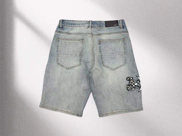 Amiri 1:1 quality version Washed Plaid Letter Starburst Patch Embroidery Ripped Denim Shorts 29465229