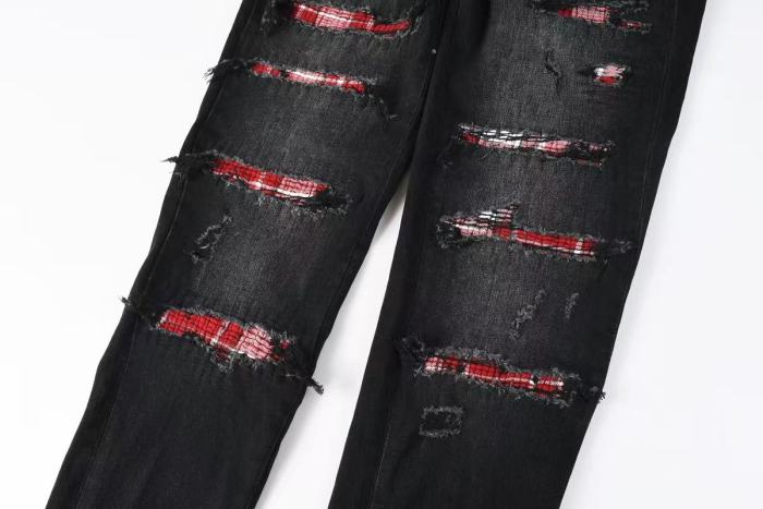 Amiri 1:1 quality version Vintage Washed Red Plaid Patch Frayed Ripped Skinny Denim Jeans 29465198