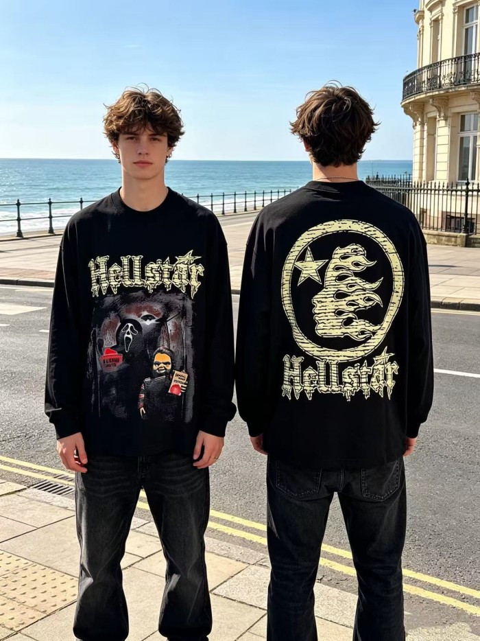 Hellstar Studio Horror Movie Scene Print Back Cracked Face Flame Long Sleeve T-Shirt  29468677