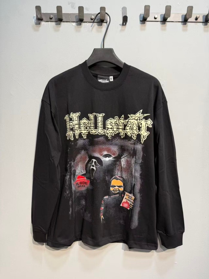 Hellstar Studio Horror Movie Scene Print Back Cracked Face Flame Long Sleeve T-Shirt  29468677