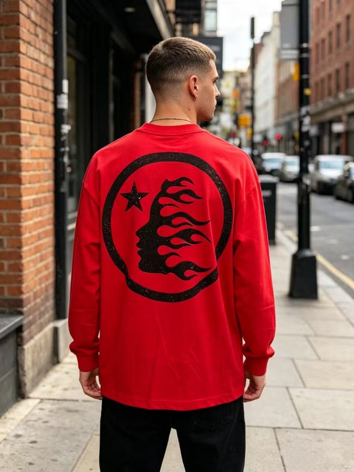Hellstar Studio Abstract Logo Bold Text Print Circle Hotfix Rhinestone Profile Flame Long Sleeve T-Shirt 29468636
