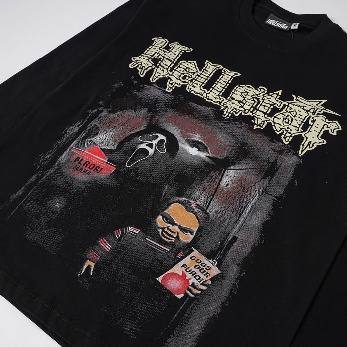 Hellstar Studio Horror Movie Scene Print Back Cracked Face Flame Long Sleeve T-Shirt  29468677